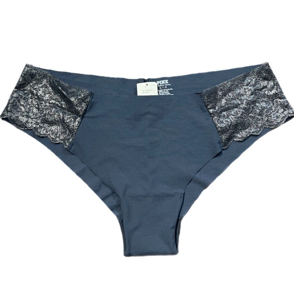 Victorias Secret Pink No Show Supersoft Cheeky panty metallic Lace Sides gray L